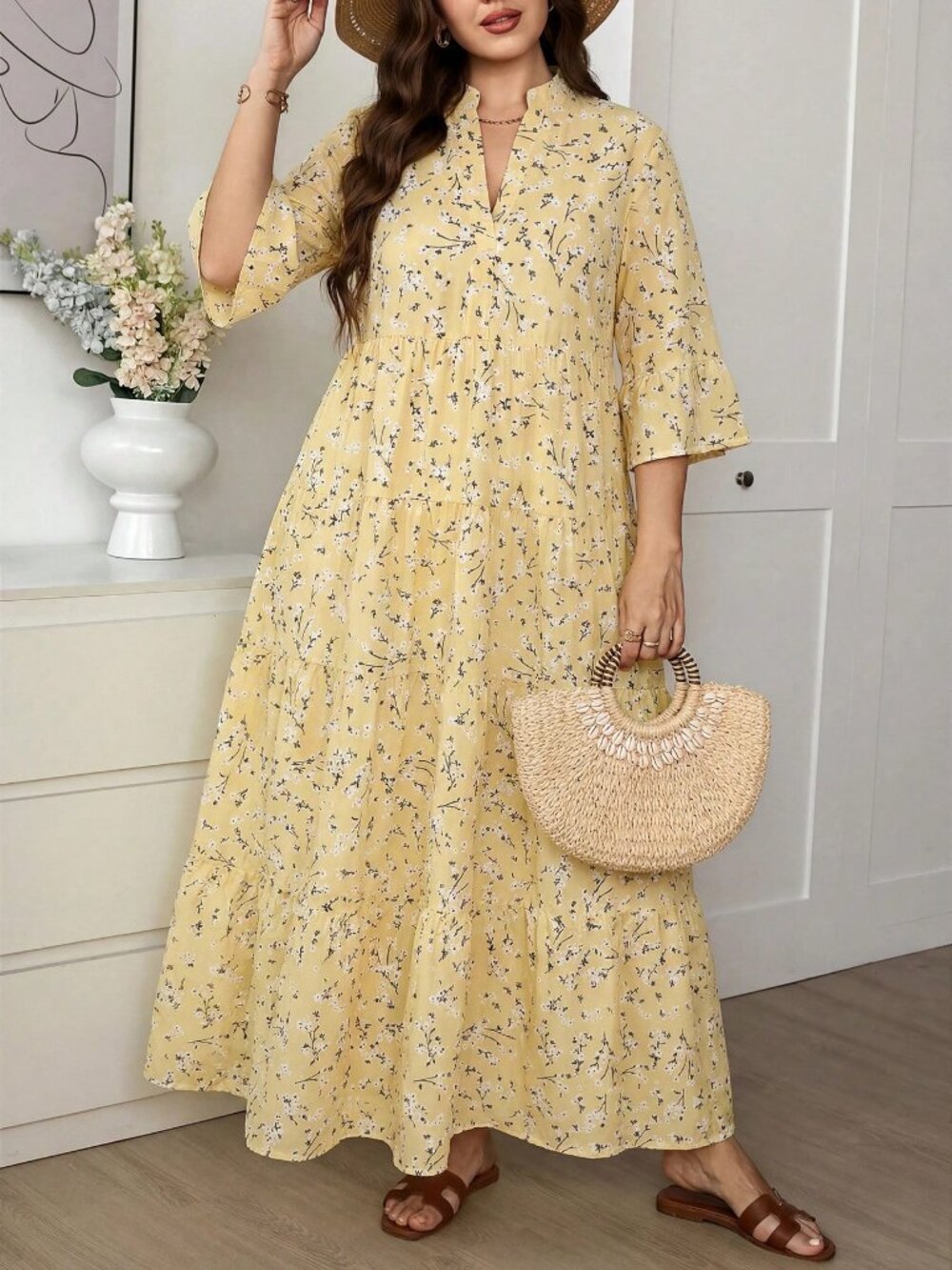Yellow Boho Women's Ditsy Floral Sleeve Patchwork Tiered Maxi Dress - Picture 3 of 8